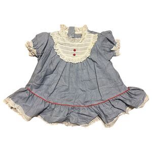 Vintage Sears Baby Dress Size 3-6 Months Blue Chambray White Eyelet Ruffle
